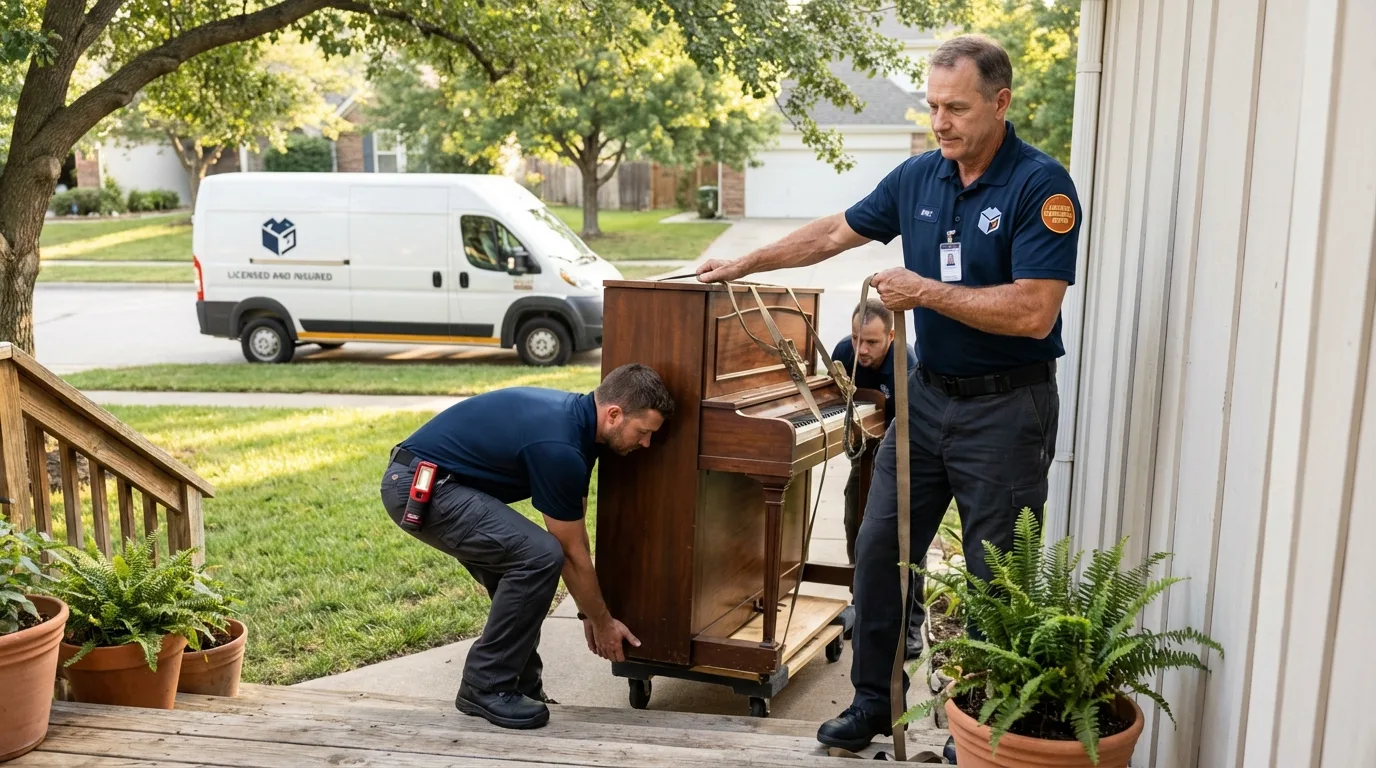 Licensed piano movers securing grand piano in Monroe, OH
